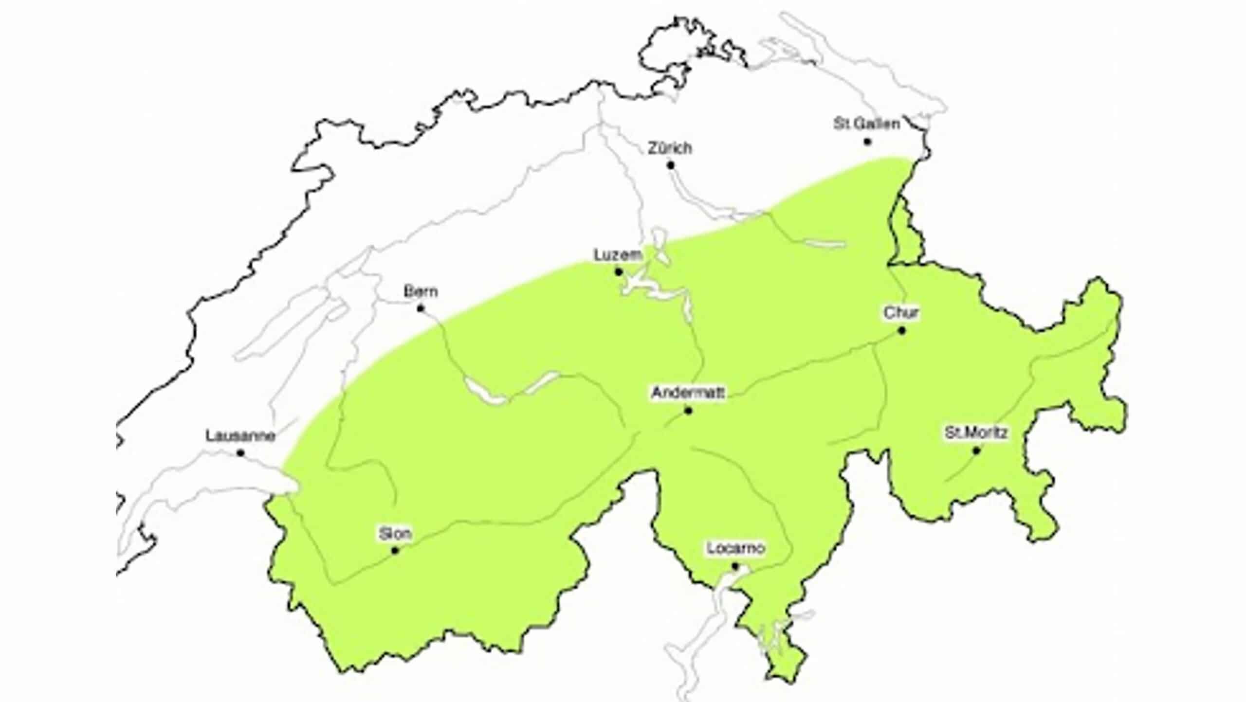 Carte de la Suisse avec une région montagneuse centrale en vert.