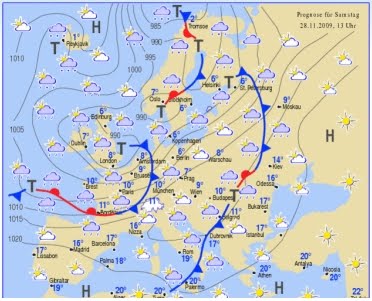 Carte météorologique illustrant les conditions prévues pour le 28 novembre 2009, avec des zones de haute et basse pression, ainsi que des symboles représentant la pluie et le soleil.