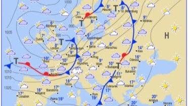 Carte météo de l'Europe avec températures, pluie et soleil.