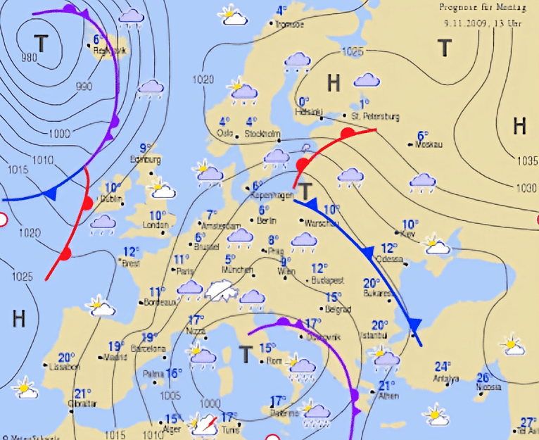 Carte météorologique illustrant les fronts et les zones de précipitations en Europe, avec des températures indiquées.