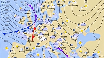 Carte météo de l'Europe avec fronts, pressions et températures.