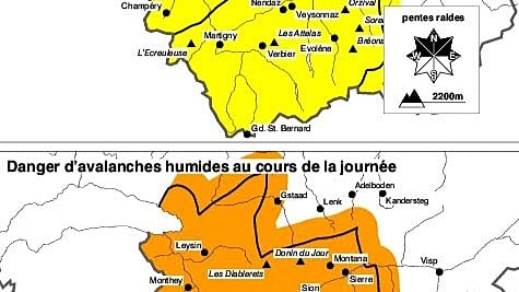 Carte du danger d'avalanches humides en montagne.