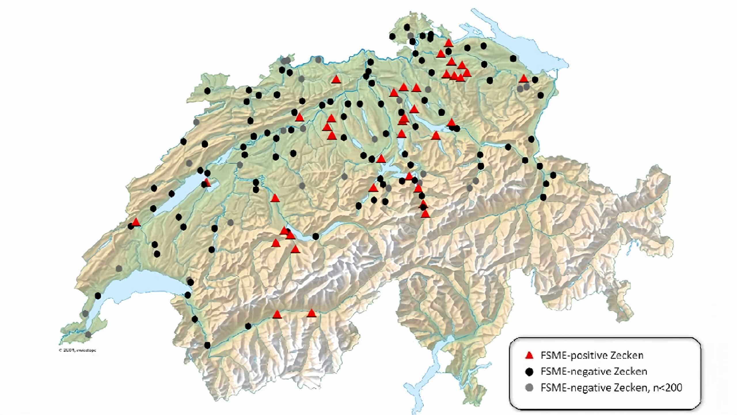 Distribution des tiques positives et négatives au FSME en Suisse.
