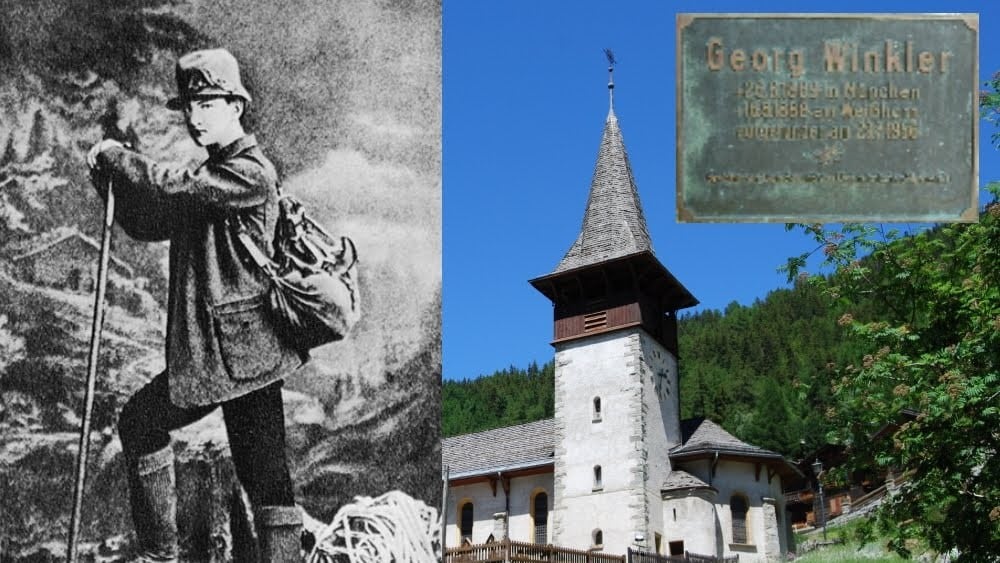 Photomontage : alpiniste Georg Winkler, église et plaque commémorative.