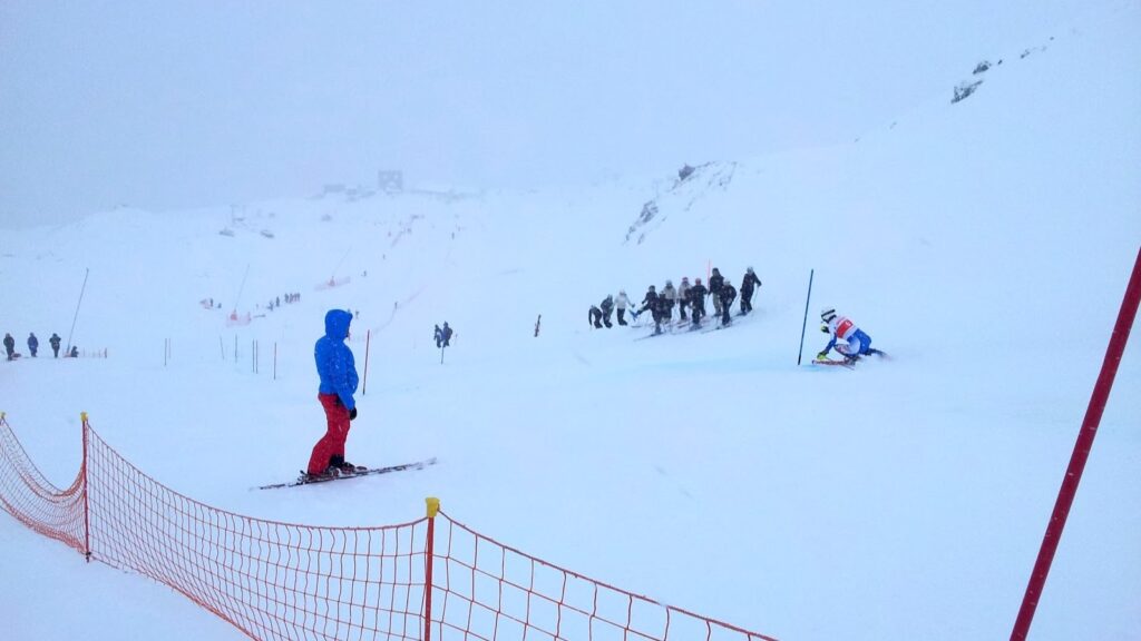 Un skieur en action sur une piste de slalom enneigée, avec des spectateurs en arrière-plan et des conditions de tempête.