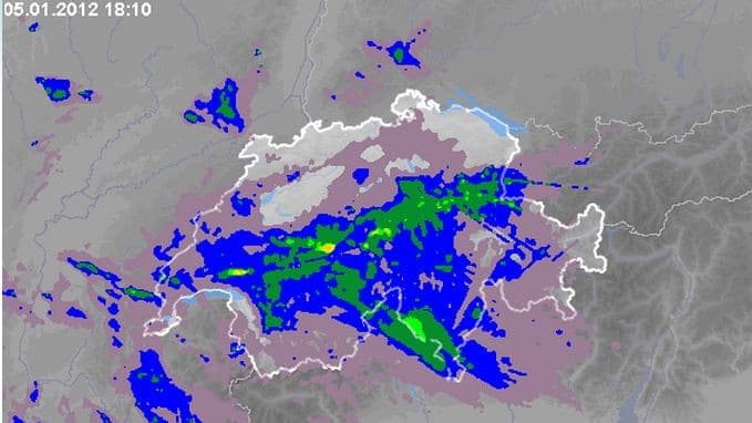 Radar météorologique montrant les précipitations et les vents en Suisse le 5 janvier 2012 à 18h10.