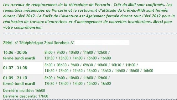 Horaires téléphérique Zinal-Sorebois et informations fermetures Vercorin 2012.