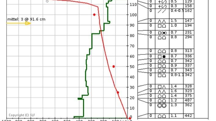 Graphique de profil de neige et tableau de données.