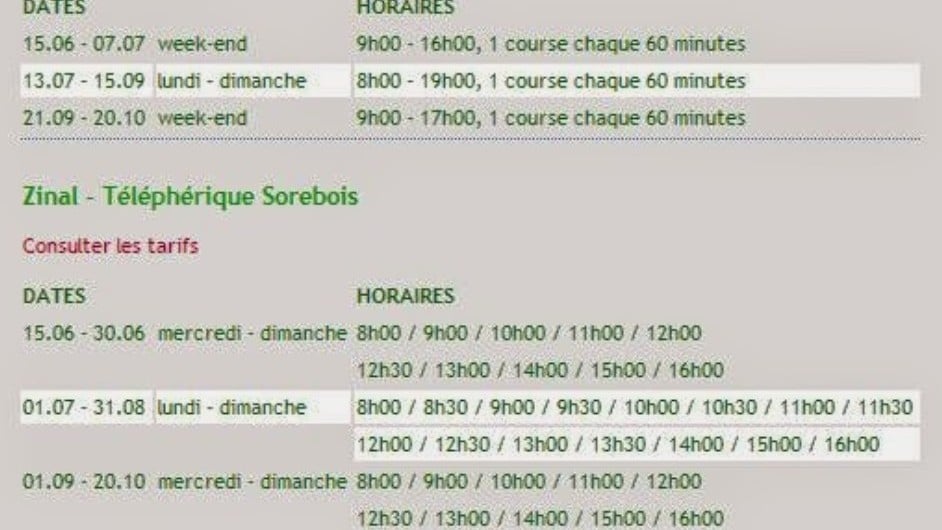 Calendrier et horaires du Téléphérique Zinal-Sorebois.