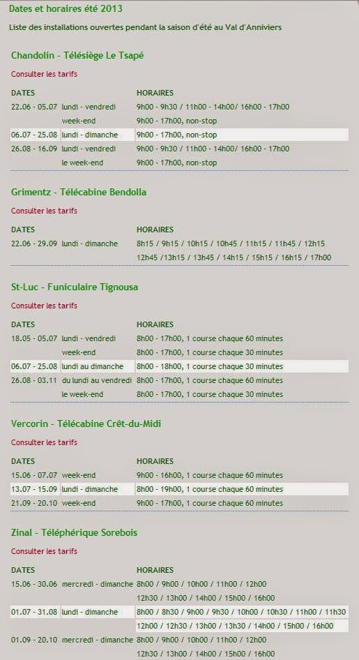 Tableau des horaires estivaux 2013 pour plusieurs installations au Val d'Anniviers, incluant les téléphériques et funiculaires.