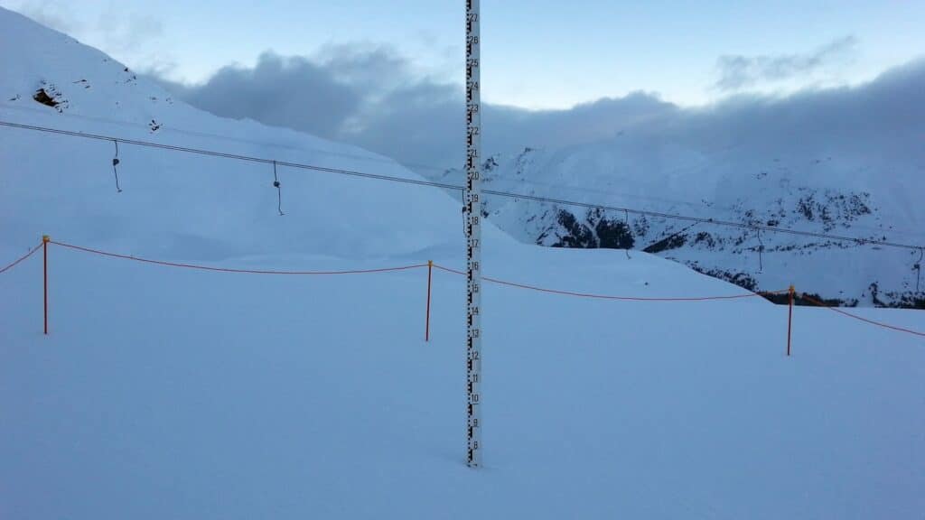 Visible snow-covered landscape with a measurement pole indicating snow depth, surrounded by mountains and a cloudy sky.