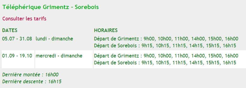 Tableau des horaires du téléphérique Grimentz-Sorebois pour l'été, indiquant les dates et heures de départ.