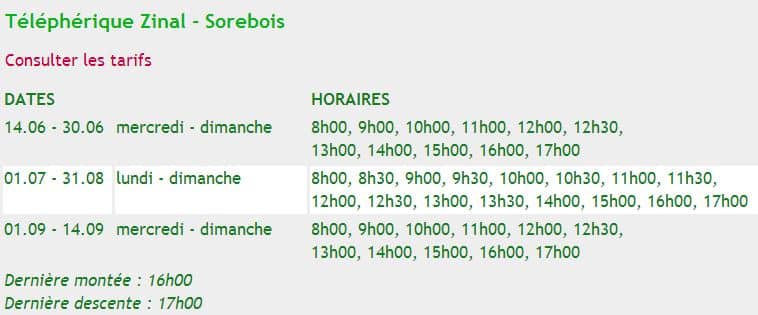 Tableau des horaires du téléphérique Zinal-Sorebois, incluant les dates et heures de fonctionnement.
