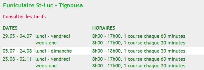 Horaires du funiculaire St-Luc-Tignousa avec dates et timings.