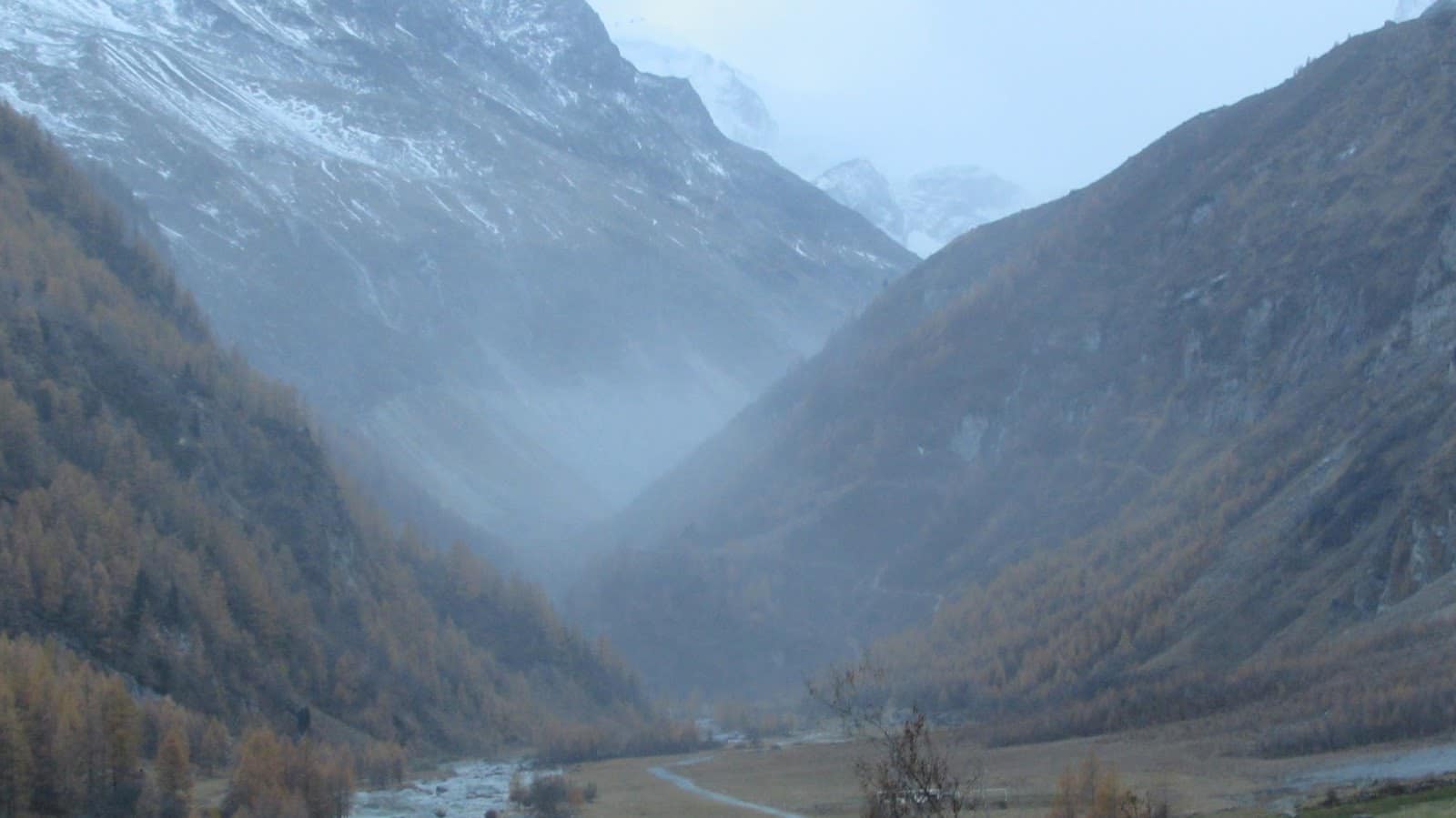 Vallée alpine brumeuse avec montagnes enneigées et arbres d'automne.