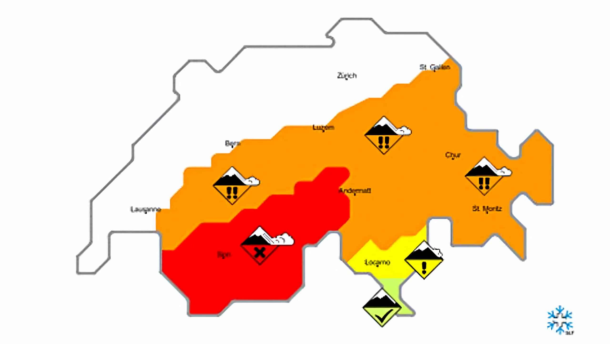 Carte des dangers d'avalanches en Suisse.