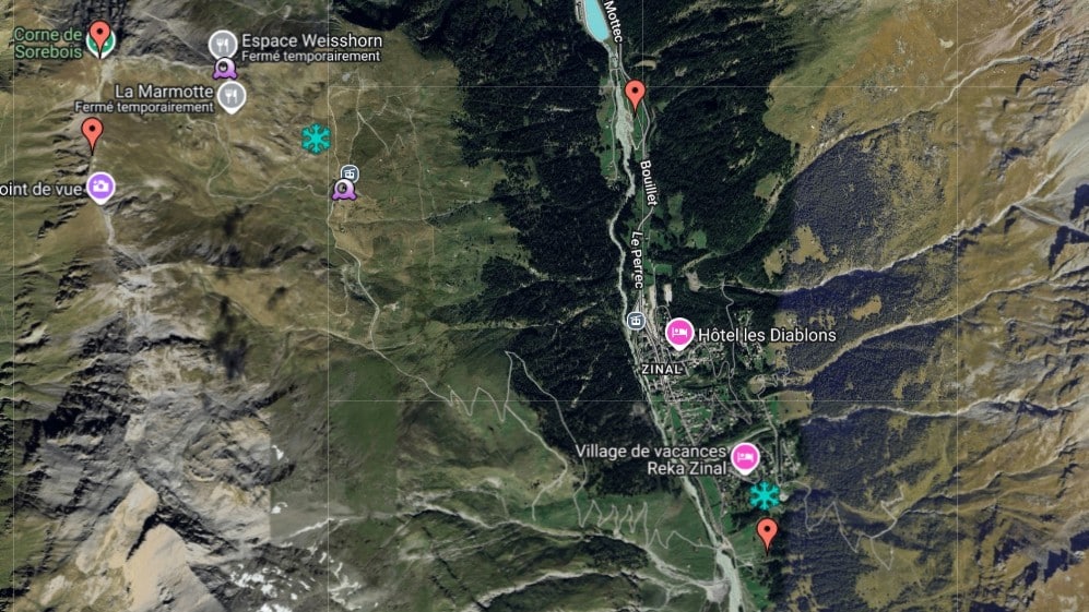 Carte satellite de la région montagneuse de Zinal, Suisse.
