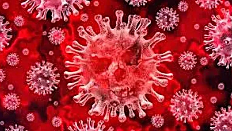 Virus rouges, un avec visage de crâne, sur fond sombre.