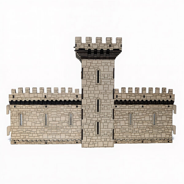 Maquette de mur de château en pierre et tour crénelée.