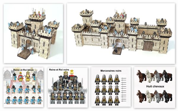 Château fort en bois avec figurines chevaliers, roi et reine.