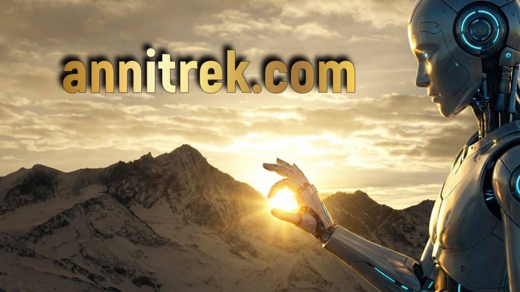 A futuristic robot holding a glowing orb in its hand, set against a dramatic mountain landscape at sunrise, with the text 'annitrek.com' overlaying the image.