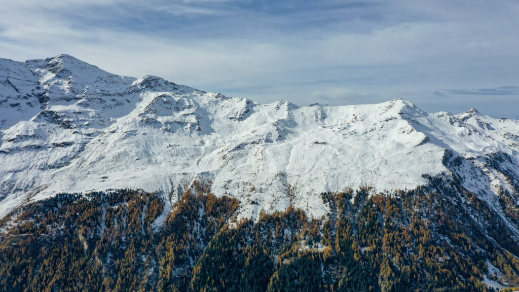 Vue panoramique des montagnes enneigées avec des forêts de conifères et des feuillus d'automne, capturée en octobre.