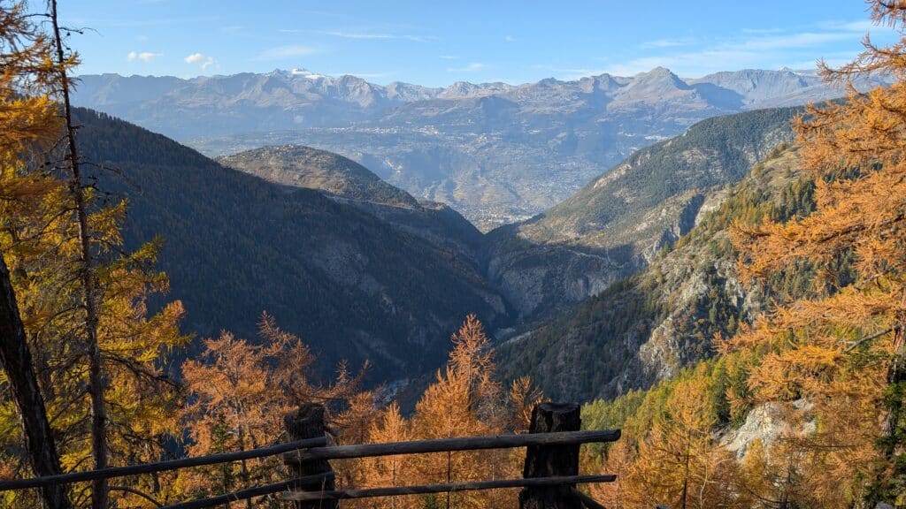 Vue panoramique des montagnes avec des arbres d'automne au premier plan, capturant l'ambiance d'une journée claire dans la vallée.