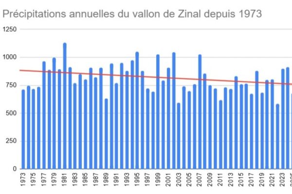 Précipitations annuelles du vallon de Zinal depuis 1973, tendance à la baisse.