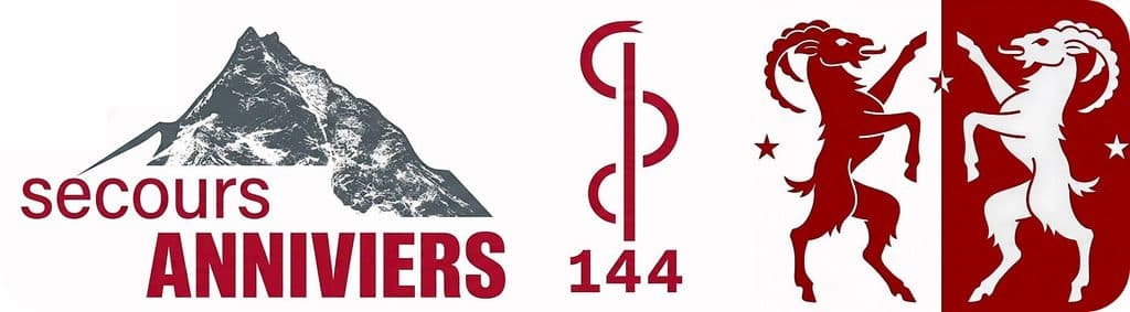 Logos Secours Anniviers, urgence 144 et emblèmes héraldiques valaisans.