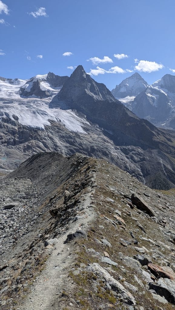 Sentier rocheux de montagne menant à des sommets enneigés et glaciers.
