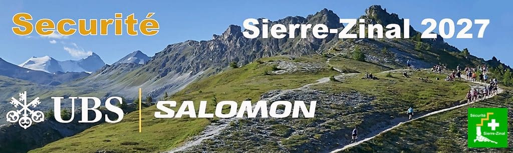 Course de montagne Sierre-Zinal 2027 avec coureurs et logos de sponsors.